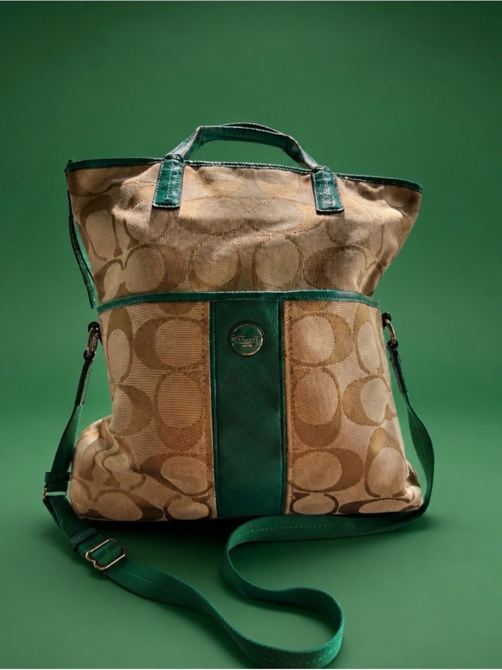 Coach Tan Signature Canvas Tote with Green Leather Accents